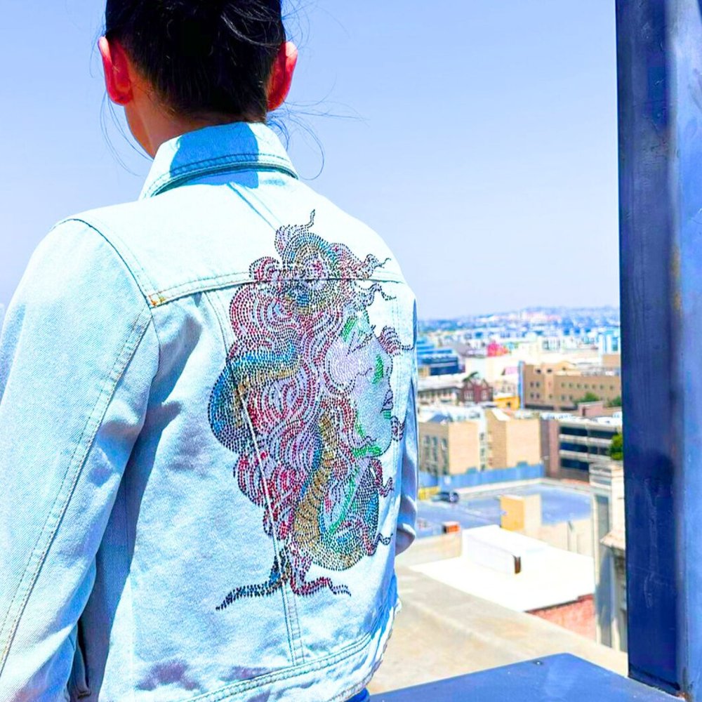 Women's Medusa Blue Denim Jacket Size S-XL Beaded Long Sleeve